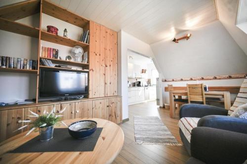 巴尔特鲁姆Haus Deichbrise的带沙发、电视和桌子的客厅