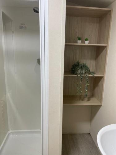a bathroom with a shower and a sink at Wilson Getaways - Caravan Hire in Rhyl