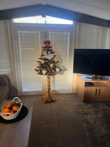 a christmas tree in the middle of a living room at Prestige Static Caravan on 5 Star Holiday Park in Cheswick