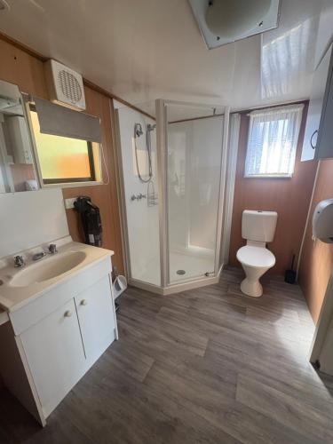 a bathroom with a shower and a sink and a toilet at Turners Beach Holiday Cabin in Turners Beach