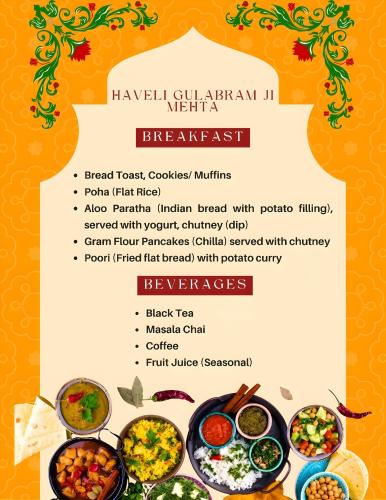 Een menukaart van het vegetarische restaurant Shahi Shahi. bij Haveli Gulabram Ji, Bundi in Būndi