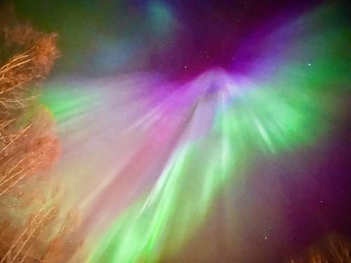 an image of the northern lights in the sky at Riverfront, Authentic, Luxury Log Cabin-Black Bear in Wasilla