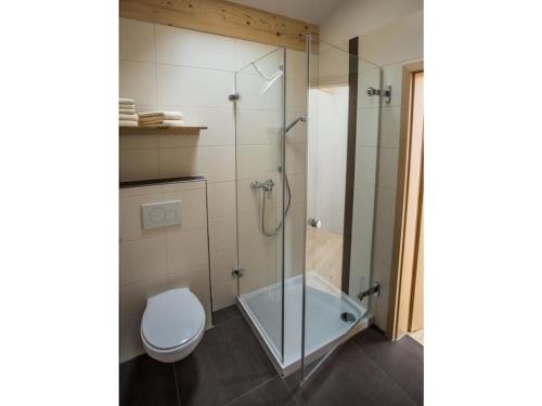 Stadelwohung Comfortable holiday residence في Argenbühl: حمام مزود بمرحاض ودش زجاجي