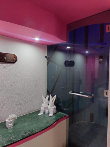 a bathroom with a shower with white shoes on a counter at Motel Éxtasis in Mexico City