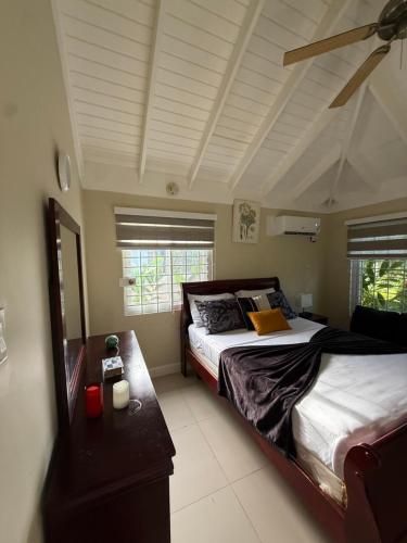 a bedroom with two beds and a ceiling at Sweet Oasis in Mammee Bay