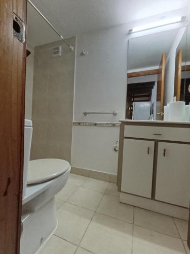 Un baño con inodoro, lavabo y espejo. en Cabaña La Sonrisa, en Maldonado