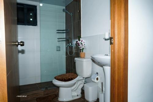a bathroom with a toilet and a shower and a sink at Penthouse Palmares SkyView in La Romana