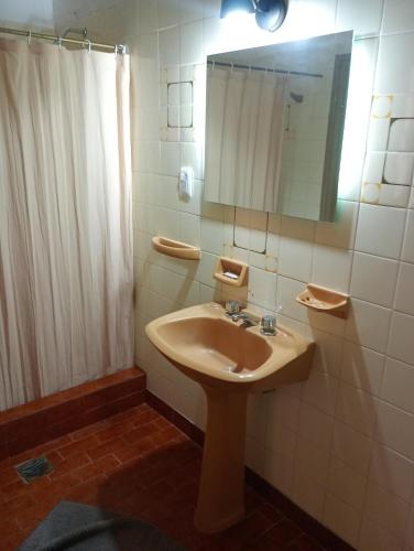 a bathroom with a sink and a mirror and a shower at Centro de rio in Río Ceballos