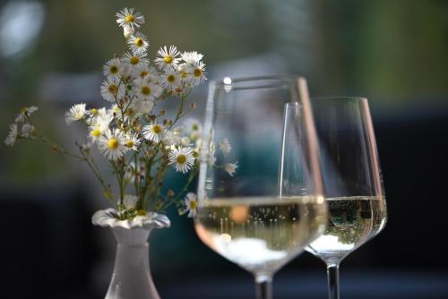 two glasses of white wine next to a vase of flowers at Steverbett Hotel in Lüdinghausen