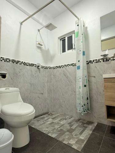 a bathroom with a toilet and a shower at Hacienda Xancalle in Teotihuacán