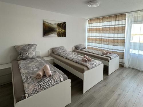 ein Zimmer mit zwei Betten und einem Fenster in der Unterkunft Modernes Apartment mit Balkon in Marl