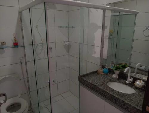 a bathroom with a shower with a toilet and a sink at Flat Paz & Relax Monte Castelo 1809 in Sairé