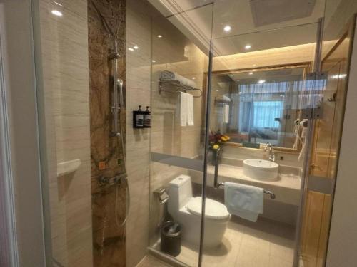 a bathroom with a shower and a toilet and a sink at Vienna Hotel Guangdong Huiyang Qiuchang Yingbin Road in Huizhou