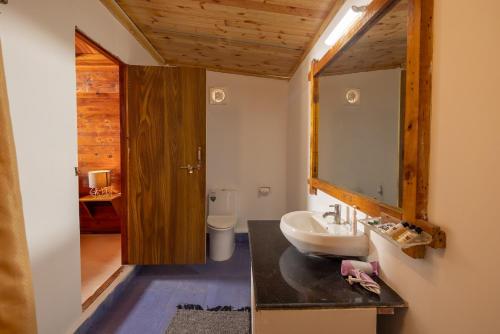 a bathroom with a sink and a mirror and a toilet at BOHOA Beach Resort Palolem in Palolem