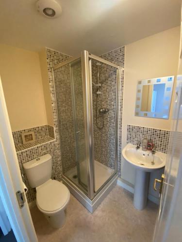 a bathroom with a shower and a toilet and a sink at Friars terrace in Stafford