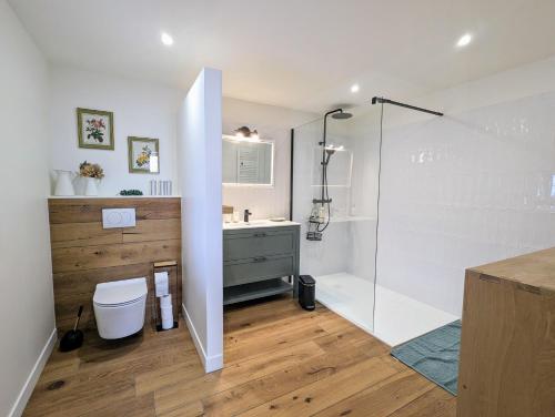 La Béraine "rien que pour vous" في Vergues: حمام مع دش ومرحاض ومغسلة