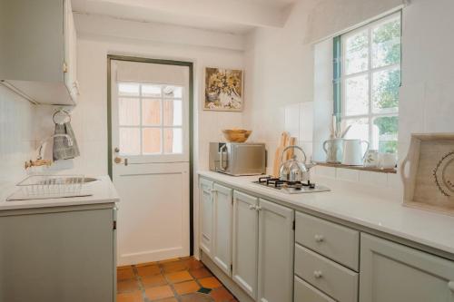 a white kitchen with a sink and a microwave at Finchlea Cottage in Stanford