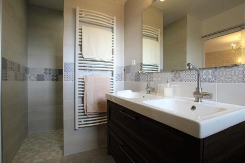 un bagno con un lavandino bianco e una doccia di Chambre Romantique, Le Suc du Pommier a Grazac