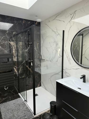 a bathroom with a shower and a sink at Cozy M&O House in Le Mans