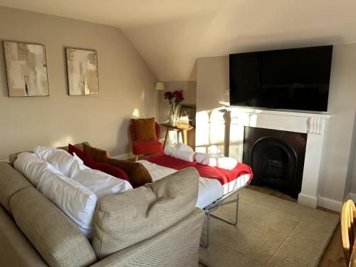 Una sala de estar con sofá, televisión y chimenea. en Queen's Terrace Apartments, en Exeter