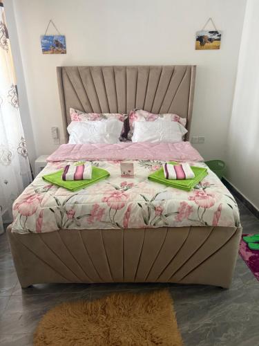 ein Bett mit zwei grünen und rosa Kissen darauf in der Unterkunft PR Home Mtwapa Pride Apartments in Mombasa