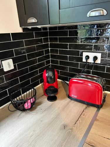 a counter with a toaster and a toaster on it at Bas de villa avec jardin idéalement situé entre Ajaccio et Porticcio in Bastelicaccia