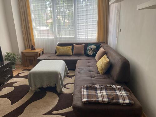 a living room with a brown couch in front of a window at Angenellyq apartment in Kyustendil