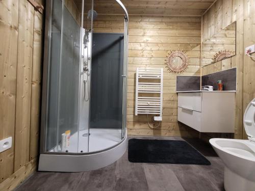 a bathroom with a shower and a toilet at Appartement entier au rez- de- chaussée 