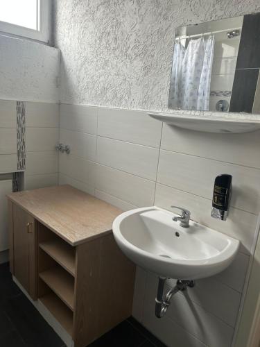 a bathroom with a sink and a mirror at Hotel RI in Esslingen