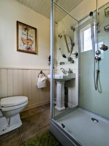 a bathroom with a shower and a toilet and a sink at Chambre Verte, La Bastide in Rosières