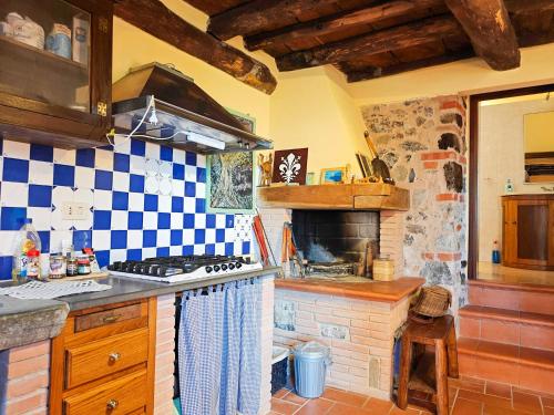 una cucina con piano cottura e camino in pietra di Casa Rosa a Vetriano