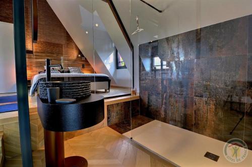 a bathroom with a sink and a mirror at Manoir de la droulinais in Bruz
