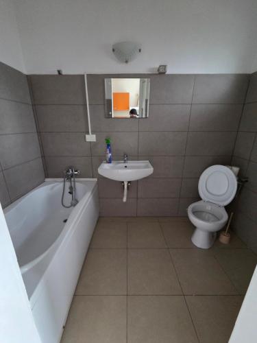 een badkamer met een bad, een toilet en een wastafel bij Apartament DOM in Moşniţa Nouă