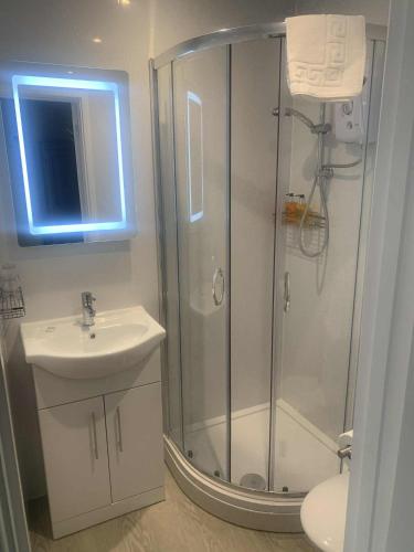 a bathroom with a shower and a sink at Abbots Mead Hotel in Shrewsbury