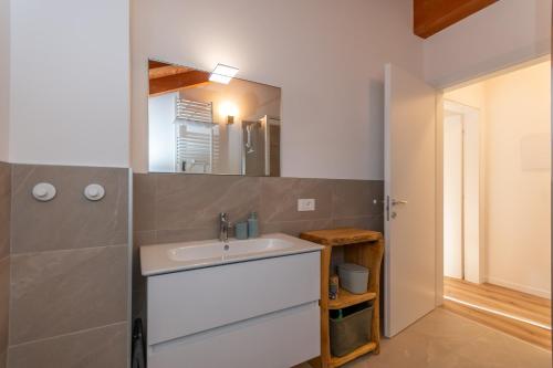 een badkamer met een wastafel en een spiegel bij Hapina Dolomiti in Cencenighe