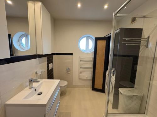 a white bathroom with a sink and a shower at Apartament przy szpitalu CZMP Łódź in Łódź