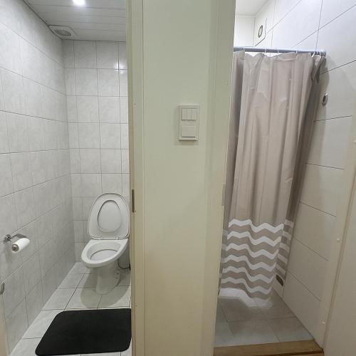 a bathroom with a toilet and a shower curtain at Peaceful Room in Shared Flat Close to Old Town in Tallinn