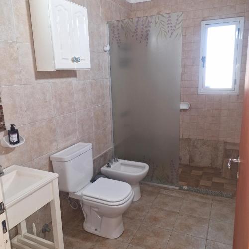 a bathroom with a toilet and a sink and a shower at die lavendel chalet in Villa General Belgrano