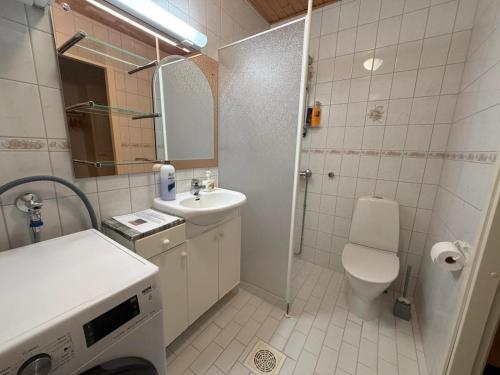 Rivitalokaksio 52m2 Sauna, Autokatospaikka, Pyykinpesukone, Ilmastointi في سينايوكي: حمام صغير مع حوض ومرحاض