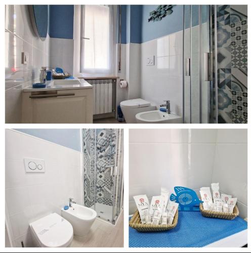 two pictures of a bathroom with a toilet and a sink at Pian di Poma House in Sanremo