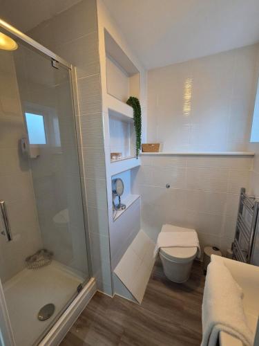 a bathroom with a shower and a toilet at Bright and Spacious Blackwood Home 4 Bedroom Sleeps 8 in Blackwood