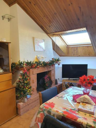 a living room with a christmas tree and a fireplace at Domus Mari in Fiuggi