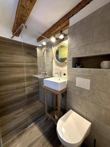 a bathroom with a sink and a toilet at Stone house Anja in Vrbnik