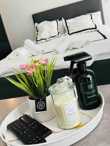 bandeja con una botella de jabón y una vela en Studio moderne à 10 minutes de Paris avec jardin privé, en Romainville