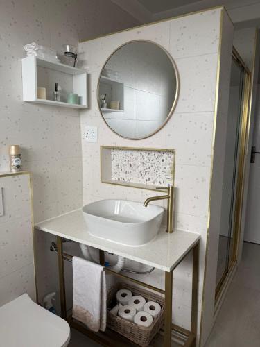 a bathroom with a sink and a mirror at Da Silva Apartment in George