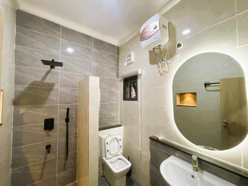 een badkamer met een toilet, een wastafel en een spiegel bij Mikuch Apartments and Suites in Abuja