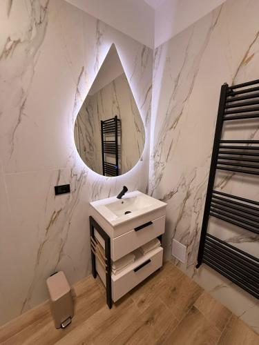 a bathroom with a sink and a mirror at Elegant House in Făgăraş