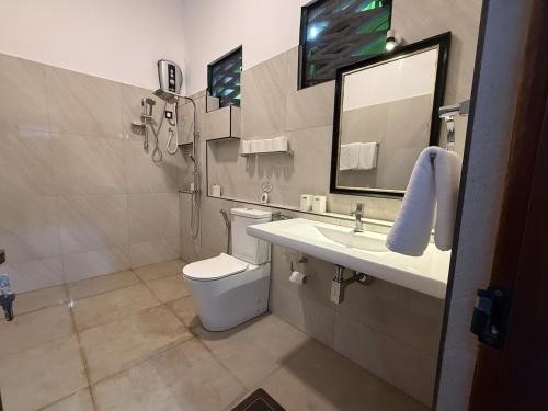 a bathroom with a toilet and a sink and a mirror at Ceylon Villa in Matara