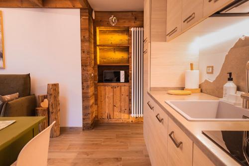 eine Küche mit Spüle und Theke in der Unterkunft Antico Borgo in Longarone