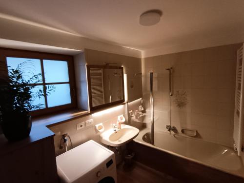 Apartment Panorama Val di Non في San Felice: حمام مع مغسلة ودش وحوض استحمام